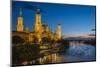 Basilica De Nuestra Senora Del Pilar Church and Ebro River at Dusk, Zaragoza, Aragon, Spain-Stefano Politi Markovina-Mounted Photographic Print