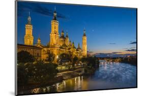 Basilica De Nuestra Senora Del Pilar Church and Ebro River at Dusk, Zaragoza, Aragon, Spain-Stefano Politi Markovina-Mounted Photographic Print