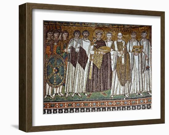 Basilica of San Vitale, Presbytery with Mosaic of Emperor Justinian, 6th c. Ravenna, Italy.-null-Framed Art Print