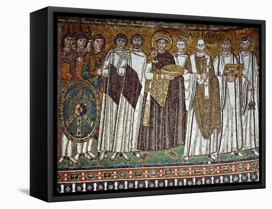 Basilica of San Vitale, Presbytery with Mosaic of Emperor Justinian, 6th c. Ravenna, Italy.-null-Framed Stretched Canvas