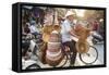 Basket and Hat Seller on Bicycle, Hanoi, Vietnam-Peter Adams-Framed Stretched Canvas