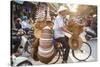 Basket and Hat Seller on Bicycle, Hanoi, Vietnam-Peter Adams-Stretched Canvas