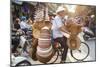 Basket and Hat Seller on Bicycle, Hanoi, Vietnam-Peter Adams-Mounted Photographic Print