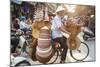 Basket and Hat Seller on Bicycle, Hanoi, Vietnam-Peter Adams-Mounted Photographic Print