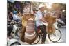 Basket and Hat Seller on Bicycle, Hanoi, Vietnam-Peter Adams-Mounted Photographic Print