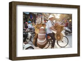 Basket and Hat Seller on Bicycle, Hanoi, Vietnam-Peter Adams-Framed Photographic Print