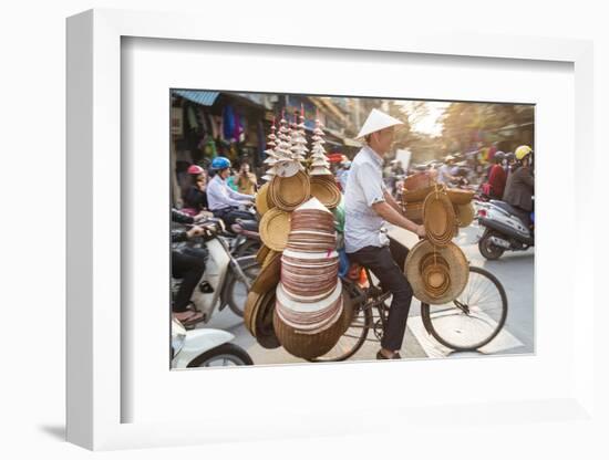 Basket and Hat Seller on Bicycle, Hanoi, Vietnam-Peter Adams-Framed Photographic Print