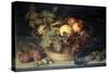 Basket of Fruit and Admiral Butterfly on Stone Table, 1610-Joannes Busschaert-Stretched Canvas