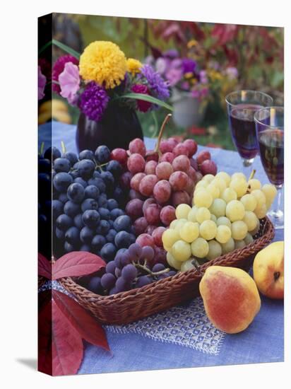 Basket of Grapes with Pears in Foreground-Vladimir Shulevsky-Stretched Canvas