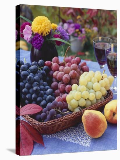 Basket of Grapes with Pears in Foreground-Vladimir Shulevsky-Stretched Canvas