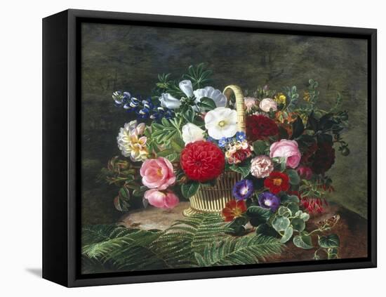 Basket of Roses, Dahlias and Morning Glory with Honeysuckle-Johan Laurentz Jensen-Framed Stretched Canvas