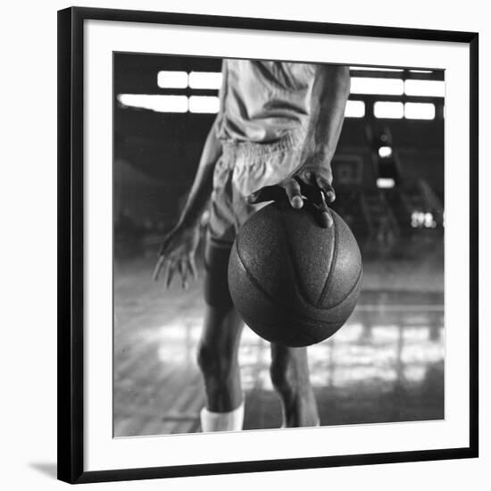 Basketball Held by Player Wilt Chamberlain, 1956-Frank Scherschel-Framed Photographic Print