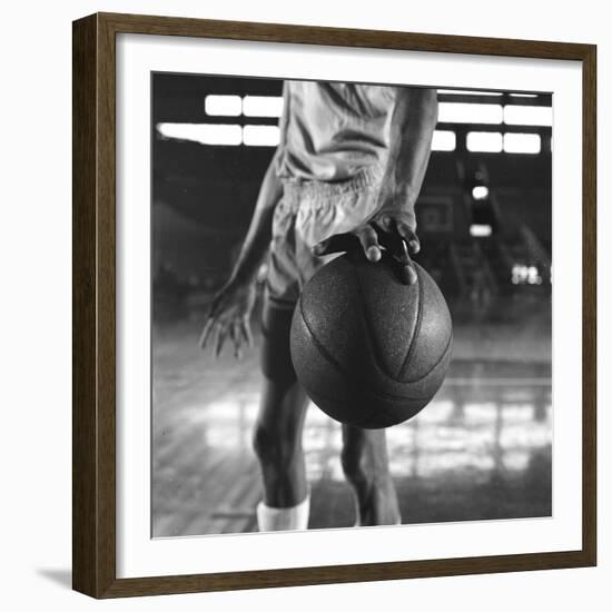 Basketball Held by Player Wilt Chamberlain, 1956-Frank Scherschel-Framed Photographic Print