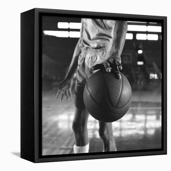 Basketball Held by Player Wilt Chamberlain, 1956-Frank Scherschel-Framed Stretched Canvas