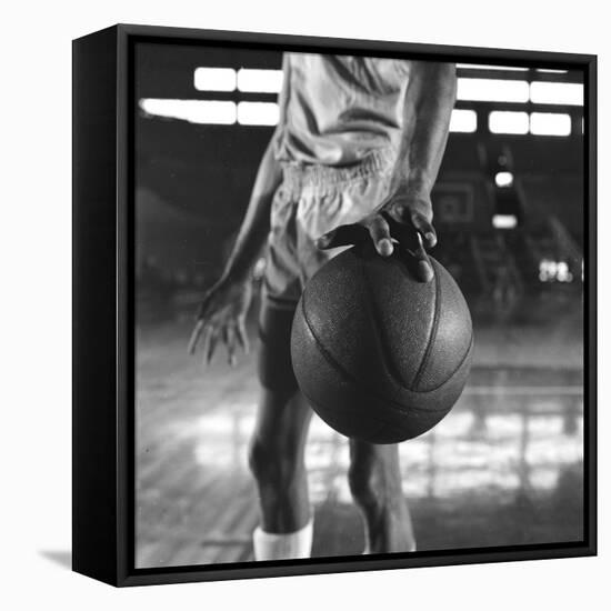 Basketball Held by Player Wilt Chamberlain, 1956-Frank Scherschel-Framed Stretched Canvas