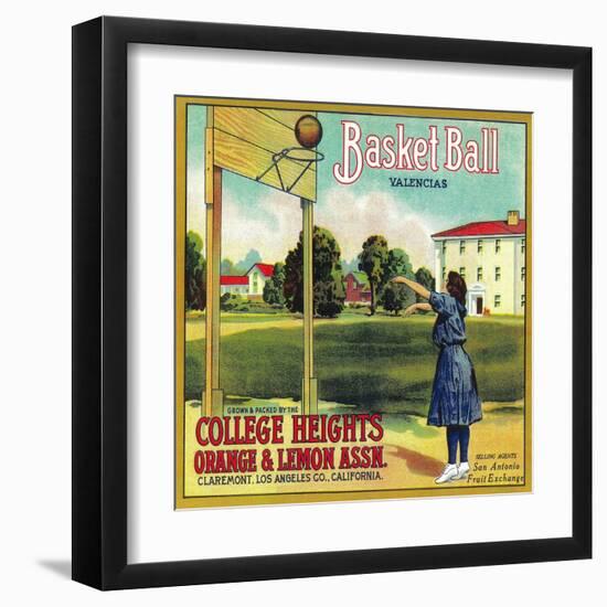 Basketball Orange Label - Claremont, CA-Lantern Press-Framed Art Print