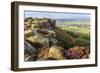 Baslow Edge, early autumn heather, view to Baslow village, Peak District Nat'l Park, England-Eleanor Scriven-Framed Photographic Print