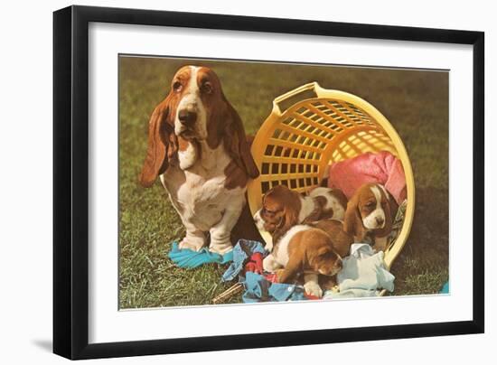 Bassett Hound Family in Laundry Basket-null-Framed Art Print