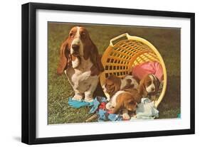 Bassett Hound Family in Laundry Basket-null-Framed Art Print