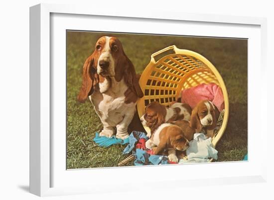 Bassett Hound Family in Laundry Basket-null-Framed Art Print