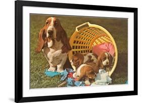 Bassett Hound Family in Laundry Basket-null-Framed Premium Giclee Print