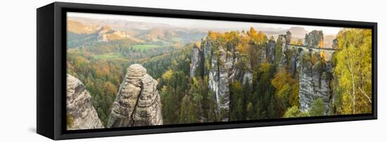 Bastei Bridge and Lilienstein, Elbe Sandstone Mountains, Saxon Switzerland National Park, Germany-Peter Adams-Framed Stretched Canvas