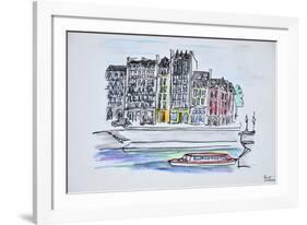 Bateaux mouche boat travels along the Seine river, Ile Saint-Louis, Paris, France-Richard Lawrence-Framed Photographic Print