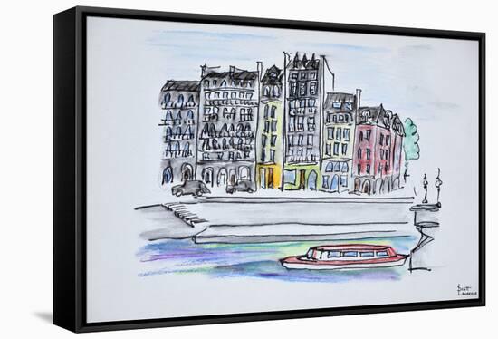 Bateaux mouche boat travels along the Seine river, Ile Saint-Louis, Paris, France-Richard Lawrence-Framed Stretched Canvas