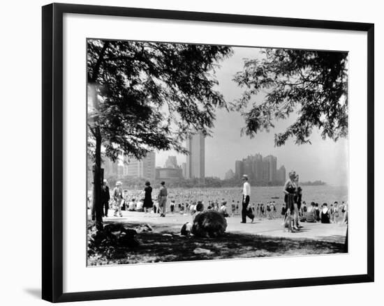 Bathers and Strollers Enjoying a Fine Day at Oak Street Beach-null-Framed Photographic Print