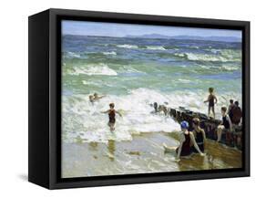 Bathers at Breakwater-Edward Henry Potthast-Framed Stretched Canvas