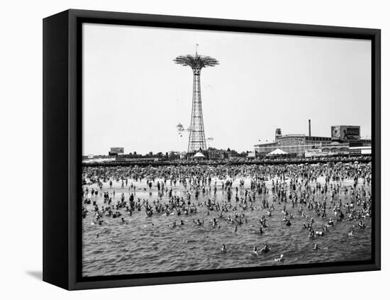 Bathers Enjoying Coney Island Beaches. Parachute Ride and Steeplechase Park Visible in the Rear-Margaret Bourke-White-Framed Stretched Canvas