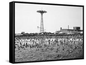 Bathers Enjoying Coney Island Beaches. Parachute Ride and Steeplechase Park Visible in the Rear-Margaret Bourke-White-Framed Stretched Canvas