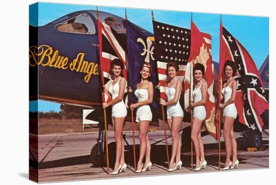 Bathing Beauties with Flags and Blue Angel Jet-null-Stretched Canvas