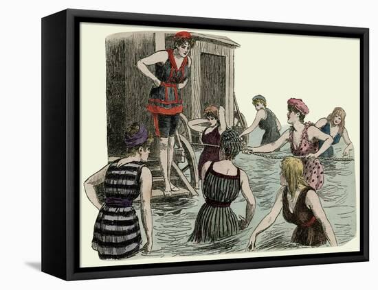 Bathing Machines and Women Paddling at the Beach-null-Framed Stretched Canvas