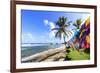 Bathsheba, colourful garments blow in the breeze, windswept palm trees, Barbados-Eleanor Scriven-Framed Photographic Print