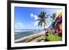 Bathsheba, colourful garments blow in the breeze, windswept palm trees, Barbados-Eleanor Scriven-Framed Photographic Print