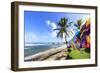 Bathsheba, colourful garments blow in the breeze, windswept palm trees, Barbados-Eleanor Scriven-Framed Photographic Print