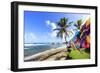 Bathsheba, colourful garments blow in the breeze, windswept palm trees, Barbados-Eleanor Scriven-Framed Photographic Print