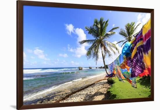 Bathsheba, colourful garments blow in the breeze, windswept palm trees, Barbados-Eleanor Scriven-Framed Photographic Print