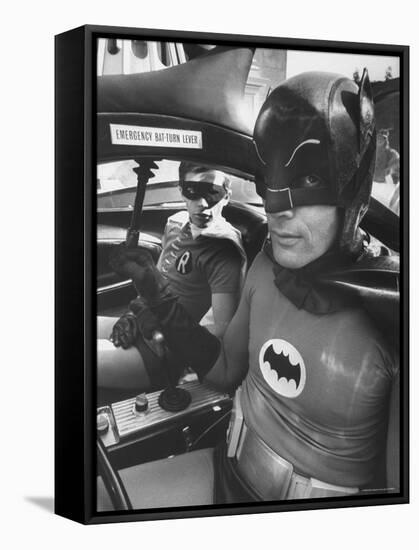 Batman Adam West and "Robin" Burt Ward in Bat Mobile, on Set During Shooting of Scene-Yale Joel-Framed Stretched Canvas
