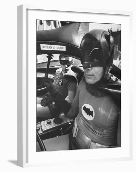 Batman Adam West and "Robin" Burt Ward in Bat Mobile, on Set During Shooting of Scene-Yale Joel-Framed Premium Photographic Print