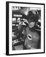 Batman Adam West and "Robin" Burt Ward in Bat Mobile, on Set During Shooting of Scene-Yale Joel-Framed Premium Photographic Print