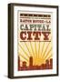 Baton Rouge, Louisiana - Skyline and Sunburst Screenprint Style-Lantern Press-Framed Art Print