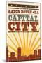 Baton Rouge, Louisiana - Skyline and Sunburst Screenprint Style-Lantern Press-Mounted Art Print