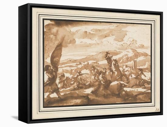 Battle Between Cavalry and Foot Soldiers (Pen and Ink with Brown Wash on Paper)-Jacques Courtois-Framed Stretched Canvas