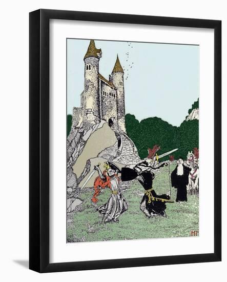 Battle between King Arthur (Artus) and the Black Knight in the Presence of Merlin the Enchanting. I-Howard Pyle-Framed Giclee Print
