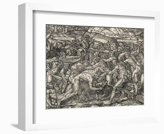 Battle Between Margageaz and Tabajares Tribes, Engraving from Universal Cosmology-Andre Thevet-Framed Giclee Print