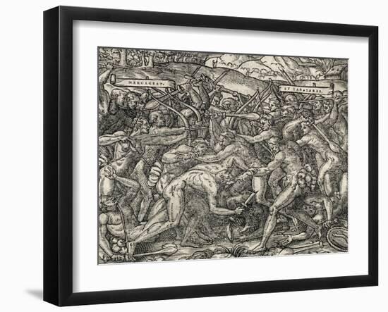 Battle Between Margageaz and Tabajares Tribes, Engraving from Universal Cosmology-Andre Thevet-Framed Giclee Print