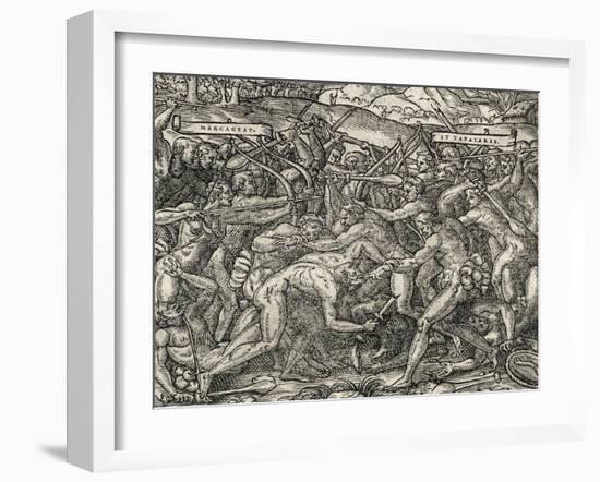 Battle Between Margageaz and Tabajares Tribes, Engraving from Universal Cosmology-Andre Thevet-Framed Giclee Print