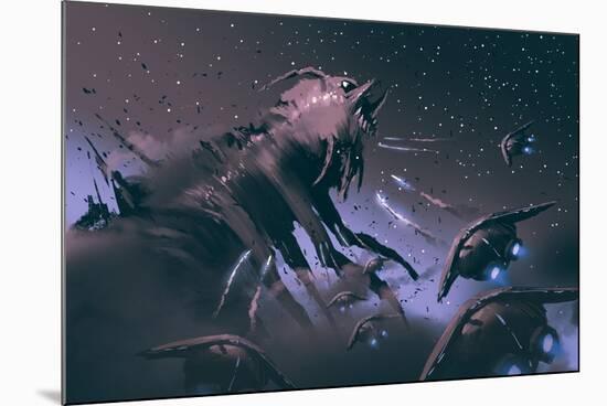 Battle between Spaceships and Insect Creature,Sci-Fi Concept Illustration Painting-Tithi Luadthong-Mounted Art Print